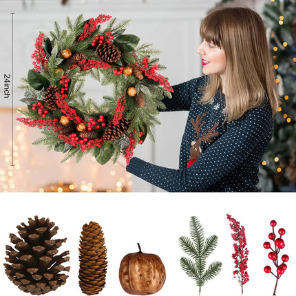 24 Inch Christmas Wreath Green Leaves Wreath for Front Door Artificial Eucalyptus Wreath with Berry and Pine Branches Christmas Decorations Indoor and Outdoor