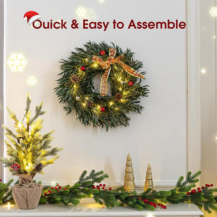 Christmas Wreath with 25 Led Lights, Battery Operated Prelit Outdoor Christmas Wreath with Bows Balls Pine Cones 18" Artificial Christmas Wreaths for Front Door Windows Fireplace Christmas Decorations