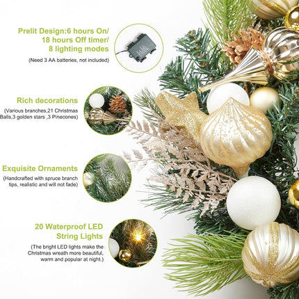 GAOMON Christmas Wreath for Front Door, 24 Inch Outdoor Christmas Wreath, Battery Operated Xmas Wreath with Gold White Ball Ornaments Pine Cones and 20 LED Lights for Home Holiday Decor
