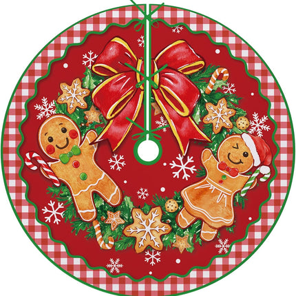 Gingerbread Man Christmas Tree Skirt 36 Inches Lace-up Wreath Bow Snowflake Artificial Xmas Tree Skirt, Red Buffalo Plaid Check Indoor Decoration Farmhouse Holiday Party Home Decor