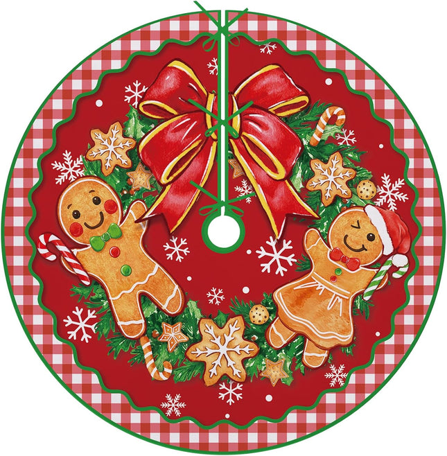 Gingerbread Man Christmas Tree Skirt 36 Inches Lace-up Wreath Bow Snowflake Artificial Xmas Tree Skirt, Red Buffalo Plaid Check Indoor Decoration Farmhouse Holiday Party Home Decor