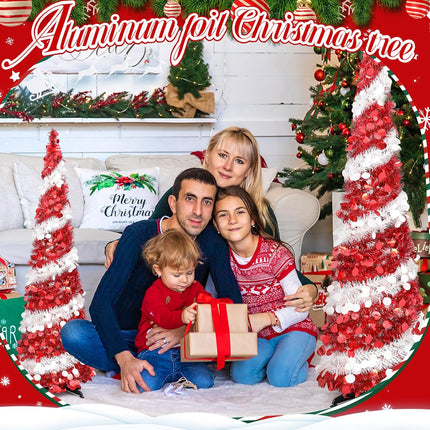 Leyndo 3 Pcs 3, 4, 5 Ft Collapsible Artificial Christmas Tree Pencil Pop up Christmas Tree Tinsel Skinny Red and White Sequined Christmas Tree for Home Fireplace Decoration