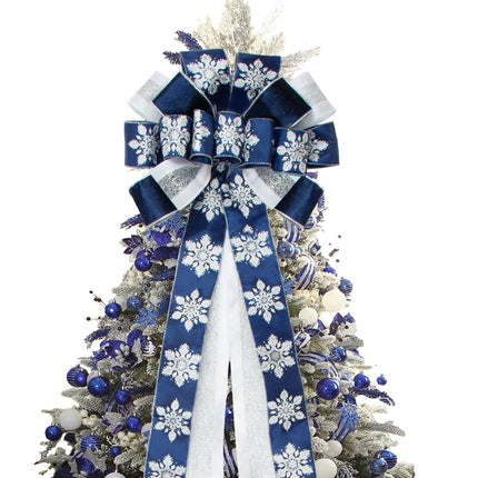 Glitter Christmas Tree Topper Bow with 53 Inch Blue Streamers Velvet Wired Ribbon,Large Christmas Bows with Snowflake Patterned for Wedding, Christmas,Party Decoration