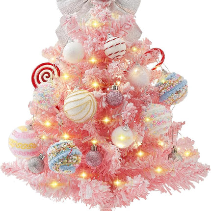 Mini Pink Christmas Tree, 2ft Artificial Small Tabletop Christmas Tree, Table Top Christmas Tree with Bow, Ball Ornaments and White Tree Skirt DIY Christmas Decorations