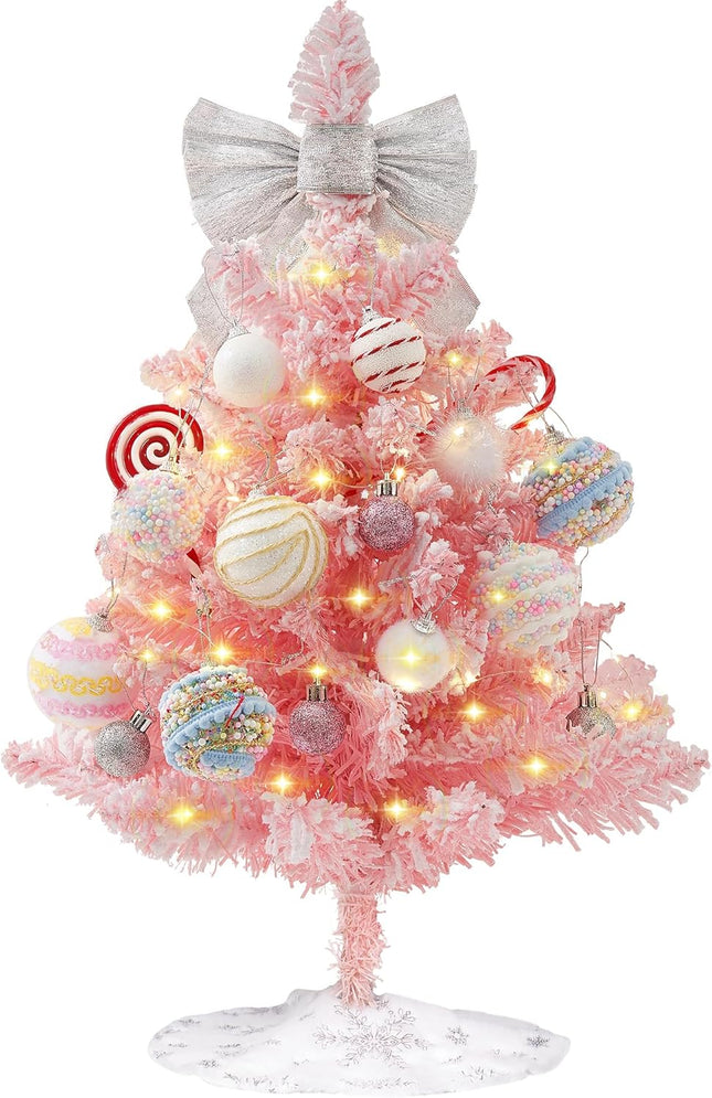 Mini Pink Christmas Tree, 2ft Artificial Small Tabletop Christmas Tree, Table Top Christmas Tree with Bow, Ball Ornaments and White Tree Skirt DIY Christmas Decorations