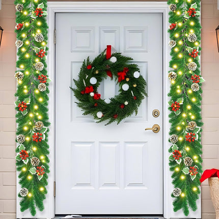 6FT Lighted Christmas Garland, Prelit Christmas Garland Indoor Outdoor Battery Operated Garland with Lights Pine Cones Berries Green Mantle Garland Christmas for Staircase Fireplaces