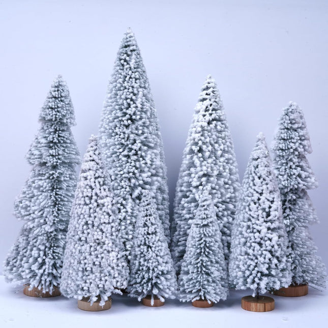 AerWo 8Pcs Mini Christmas Trees Flocked Bottle Brush Christmas Trees 4''-10'' with Wooden Bases, Small Christmas Trees for Tabletop Christmas Decor Village Crafts Winter Holiday Table Decorations