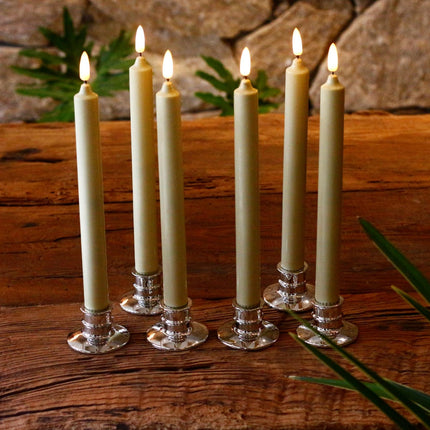 Set of 6 Flameless Ivory Wax Windows Candles with 12 AA Batteries(Include, Run More Than 400 Hours) and 6 Sliver Candlesticks.10 Inch, Flickering Battery Operated LED Candle Lights, Remote/Timer