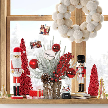 13.7Inch Small Christmas Tree Mini Tabletop Christmas Tree Decorations Artificial Potted Christmas Tree with Red Berry Ball Pinecone for Home Party Holiday Christmas Decor Indoor