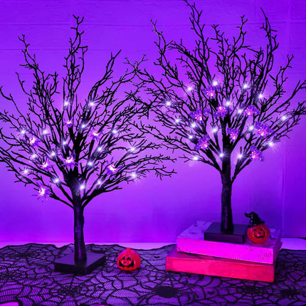 [ 2 Pack & Timer ] 24 Inch Prelit Halloween Black Tree Halloween Decorations Artificial Spooky Tree Battery Powered Total 48 LED Purple Lights DIY 25 Spider & 25 Bat Tabletop Indoor Home Party Decor