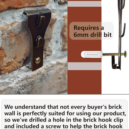 Brick Hook Clips (4 Pack) - Require More Than 1/8” Brick Wall Cement Gap Fits 2-1/4 to 2-2/5 Inch Bricks Outdoor Brick Hangers Wall Clips for Hanging - Mounting to Brick Without Drilling