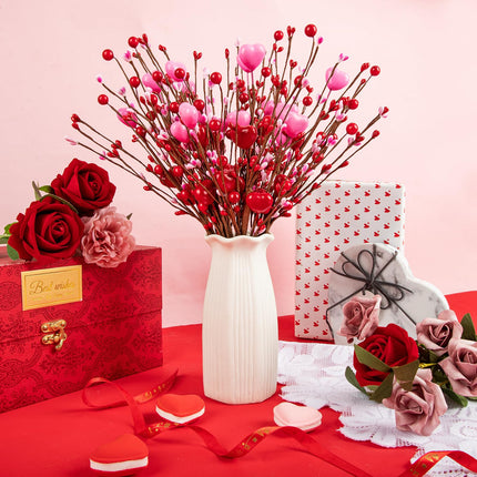 6 Pack Valentine’s Day Picks Artificial Berry Flower Stems Picks with Hearts for Valentines Day Decor and s Wedding Anniversary Decorations(16inch Pink + Red)