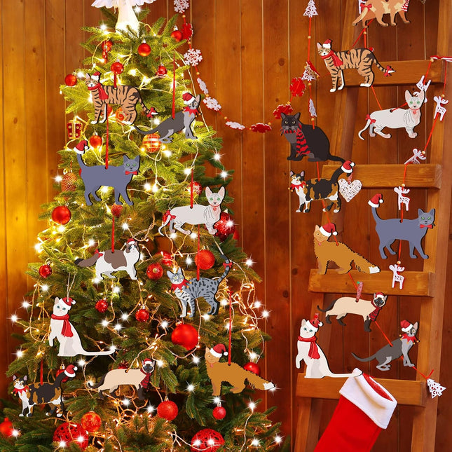 Yalikop 24 Pcs Christmas Wooden Ornaments for Tree Christmas Dinosaurs Hanging Ornaments Cute Xmas Holiday Dinosaur Wood Tree Decorations for Christmas Party Favors(Cat)