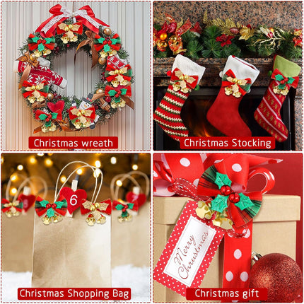 Christmas Bow with Bells for Crafts Christmas Mini Bowknot Ornament Craft Present Bow Christmas Tree Wreaths Hanging Decor (100 Pieces)