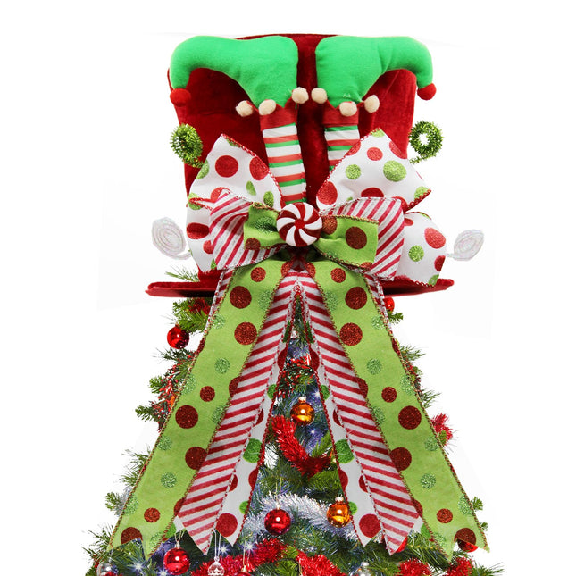 Christmas Tree Topper Hat with Bow, Large Christmas Tree Topper with Elf Legs and Red & Green Polka Dot Bow, Tree Toppers Christmas Decorations for Winter Holidays