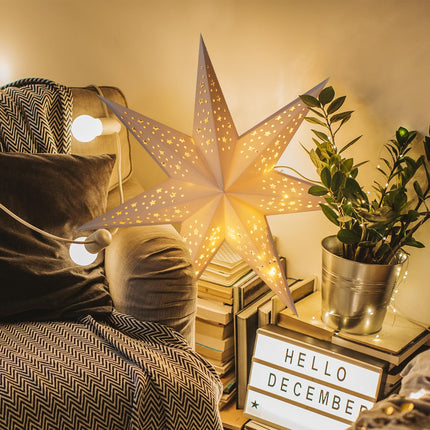 24 Inch Paper Star Lantern with 8 Mode 60 LEDs Firework Fairy Lights, 7 Points Paper Star Lantern Foldable, Hollow Out Star Hanging Decoration for Indoor Outdoor Room Wedding Christmas - 2 Pack