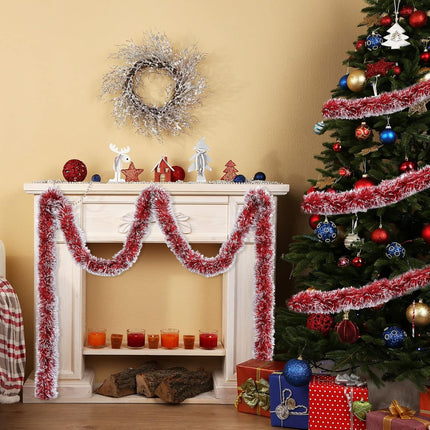 Waydress 4 Pcs Red Tinsel Garland Christmas Tree Decoration Streamer White Snow Metallic Garland Xmas Tree Hanging Streamers for Party Supplies Indoor Outdoor Decor, 3.5 Inch Wide