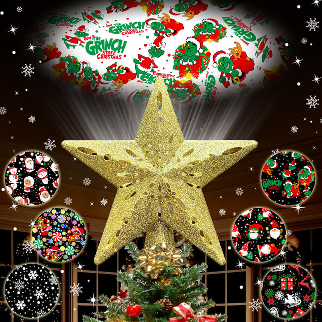 10" Christmas Tree Topper Projector with 6 Projection Modes, Built-in LED Rotating Light, 3D Glitter Dynamic Projector Light Up Tree Topper Star for Xmas Holiday Party Decorations s (Gold)