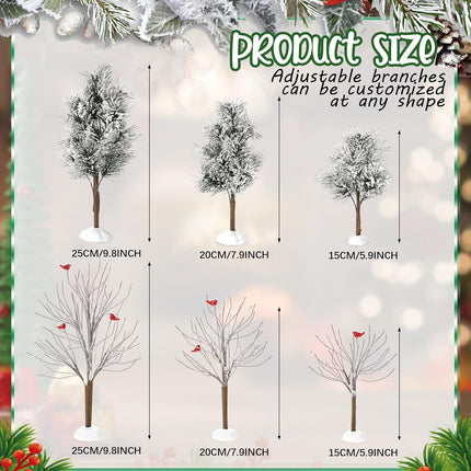 6 Pieces Christmas Village Trees Set, Village Bare Branch Trees Accessory Figurine, Snow Covered Village Trees for Christmas Tree Displays, Christmas Trees Decor with Cardinals (Elegant Style)