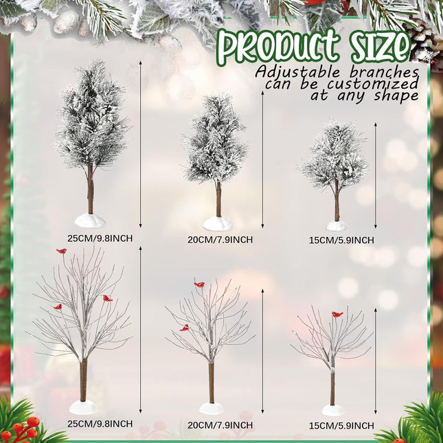 6 Pieces Christmas Village Trees Set, Village Bare Branch Trees Accessory Figurine, Snow Covered Village Trees for Christmas Tree Displays, Christmas Trees Decor with Cardinals (Elegant Style)
