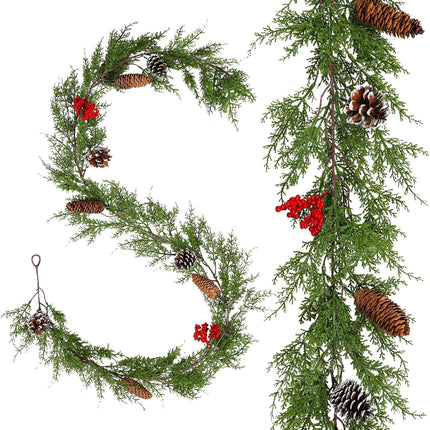 AnyDesign Christmas Garland with Red Berries Pine Cones Artificial Christmas Hanging Cedar Garland for Winter Xmas Party Dinner Door Indoor Outdoor Home Wedding Frame Backdrop Decor (6.2Ft)