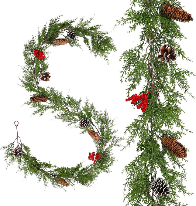 AnyDesign Christmas Garland with Red Berries Pine Cones Artificial Christmas Hanging Cedar Garland for Winter Xmas Party Dinner Door Indoor Outdoor Home Wedding Frame Backdrop Decor (6.2Ft)
