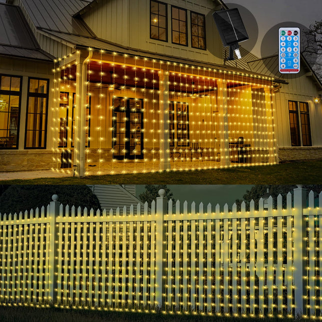 32.8 6.56FT Large Size Solar Curtain Lights Outdoor, 8 Modes Outdoor Solar String Icicle Lights, Solar Garden Christmas Lights Decortions for Patio, Gazebo, Eaves, Fence, Tree, Porch (Warm White)