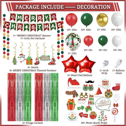 131 Pcs Christmas Decorations Indoor, Christmas Party Supplies - "MERRY CHRISTMAS" Banner, Photo Prop, Balloon Party Kit, Hanging Swirl, Fringe Curtain