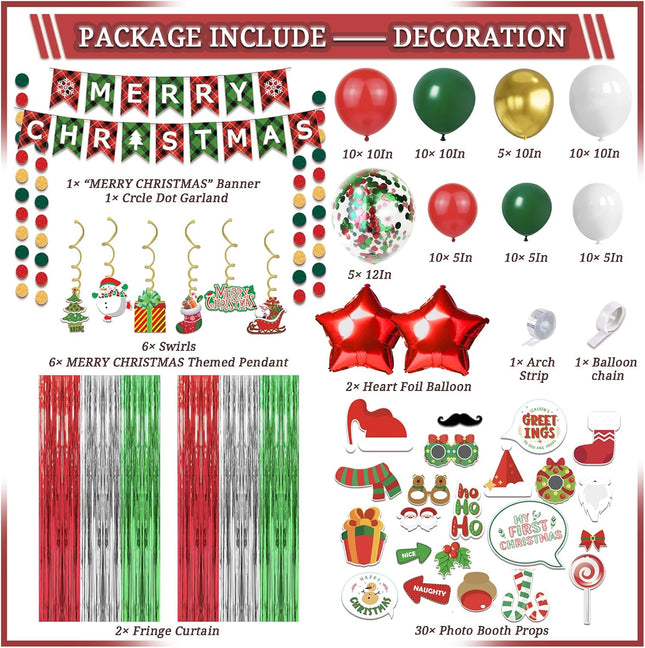 131 Pcs Christmas Decorations Indoor, Christmas Party Supplies - "MERRY CHRISTMAS" Banner, Photo Prop, Balloon Party Kit, Hanging Swirl, Fringe Curtain