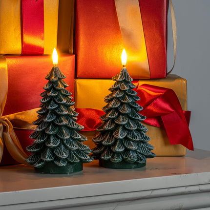 Homemory Christmas Tree Candles with 6 Hours Timer, 2 Pcs Waxy LED Flameless Candles Flickering, Green Electric Candles Battery Operated for Year Celebration Holiday Decorations 8.5 Inches