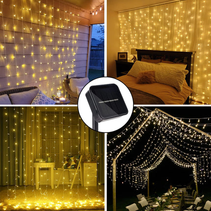 weillsnow 304 LED Solar Curtain Lights Remote Control with 8 Modes, Outdoor Christmas Lights Waterproof for Window Patio Garden Balcony Wedding Party Christmas Decorations（Warm White）