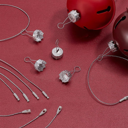 WEBEEDY 120pcs Ornament Topper Caps Round Christmas Ornament Caps Silver Ornament Hanger Replacement with Hanger Strings Set for Christmas Tree Decorations