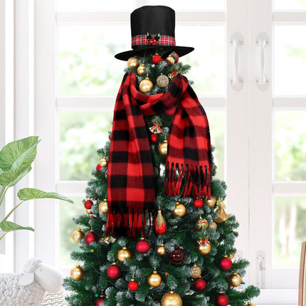 Liitrsh 2 Pcs Christmas Tree Topper Snowman Hat Black Red Plaid Scarf Tree Topper Decorations Snowman Top Hat with Plaid and Mistletoe Holly and Berry for Christmas Tree Decorations Supplies