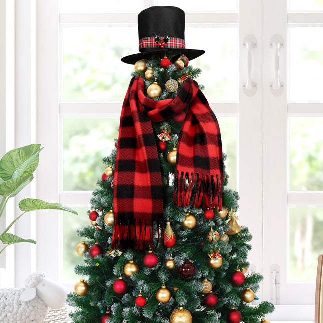 Liitrsh 2 Pcs Christmas Tree Topper Snowman Hat Black Red Plaid Scarf Tree Topper Decorations Snowman Top Hat with Plaid and Mistletoe Holly and Berry for Christmas Tree Decorations Supplies