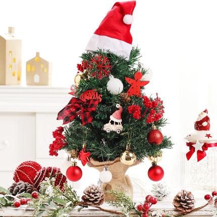 BSTCRAFT Mini Christmas Tree, 22 inches, Green, Artificial Tree with Lights, Santa Christmas Hat, Mini Christmas Ornaments for Tabletop Decorations