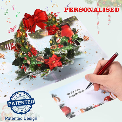 Pop Up Christmas Cards with Lights and Music, 3D Christmas Wreath Design, Handmade Musical Popup Greeting Card for Christmas Holiday Includes Envelop, Playing 'We Wish You a Merry Christmas'