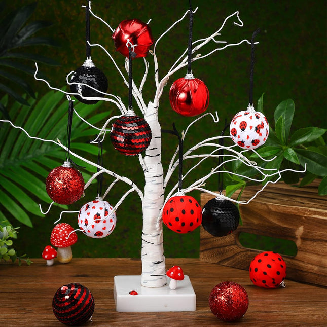 Liliful 12 Pcs Ladybug Ball Ornaments Christmas Tree Hanging Ornaments Shiny Sequin Red Black Ball Ornament Cloth Xmas Decorations for Home Pendant Baubles for Door DIY Wreath Garland Craft 1.97''