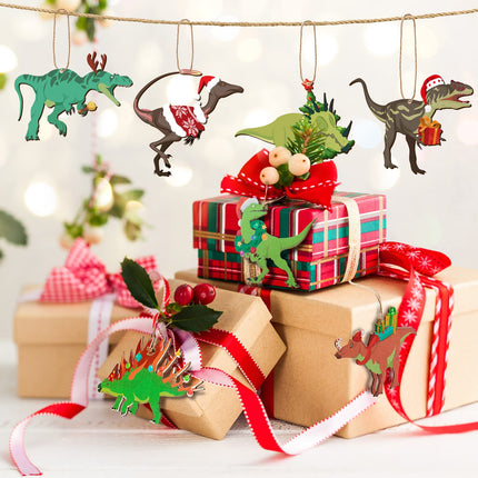 36 Pieces Christmas Dinosaur Ornament Wood Dinosaur Christmas Tree Topper Wooden Dinosaur Christmas Tree Decorations Funny Xmas Decorative Hanging Ornaments Dinosaur Wood Cutouts for Kids Boy Party