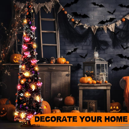 2 Pack 5ft Black Tinsel Halloween Christmas Tree, Pop Up Artificial Pencil Tree Indoor Home Outdoor Party Decorations