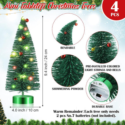 4 Pcs Mini Christmas Tree with Lights Bulk Mini Bottle Brush Trees 9.4 Inch Small Tabletop Christmas Tree Pre Lit Christmas Tree Xmas Tree for Christmas Decoration Xmas Holiday(Green)