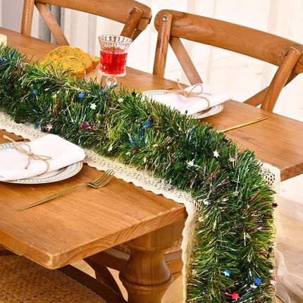 Christmas Garland Decorations-14.7 FT Christmas Garland with Lights, Fluffy Soft Tinsel Lighted Green Garland for Mantle, Christmas Tree Greenery Garland Decor Outdoor Indoor