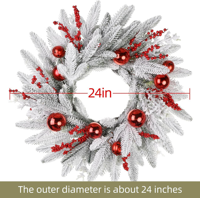 Christmas Wreath, 24inch Wreaths, Artificial Wreaths for Front Door, White Faux Fir with Red Ornaments and Berries wreaths in Autumn and Winter, Indoors,Outdoors, corridors, Offices. (White)