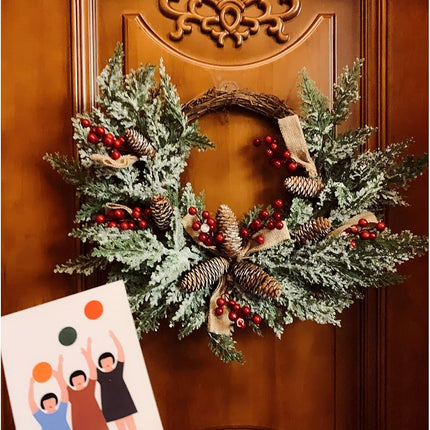 Christmas Artificial Wreath for Front Door, Outdoor Christmas Wreath Flocked with Mixed Decorations, Holiday Greenery Wreath with Pinecones, Red Berries, and Snowflake, 23 inches