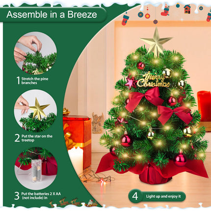 Mini Christmas Tree with Lights, Small Prelit Tabletop Christmas Tree 20”, Miniature Pine Artificial Xmas Tree with Ball Star Bowknot Ornaments for Holiday Season Desk Decoration Centerpiece