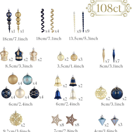 Valery Madelyn Christmas Tree Decorations Set, 108ct Blue and Gold Shatterproof Christmas Ball Ornaments Bulk, Peacock Hanging Ornaments for Christmas Trees Xmas Holiday Ramadan Decor
