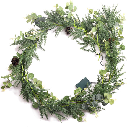 6ft prelit Lighted Christmas Garland with LED Lights,Battery Powered with Pine Cones,Eucalyptus Leaves,Berries, Pine Needles,Christmas Garland for Fireplace Mantle Decorations. (White Berries)