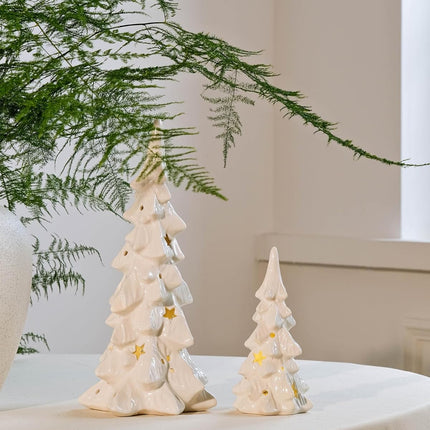 DN DECONATION White Ceramic Christmas Tree That Light Up, 2Pcs Porcelain Christmas Tree with Lights, Stars and Dots Cutouts Prelit Tabletop Xmas Tree Figurines, Modern Christmas Decor,