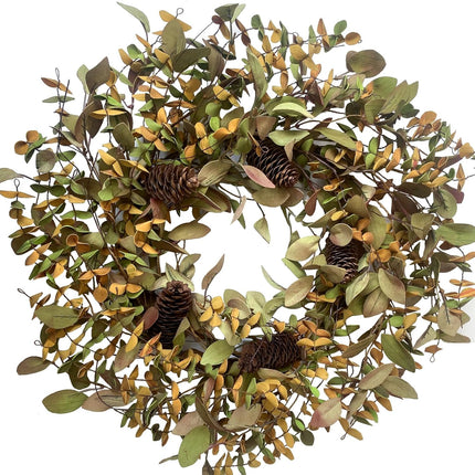 Fall Wreath with Pine Cones and Eucalyptus Leaves, Harvest Wreath for Front Door Farmhouse Indoor Festival Home Thanksgiving Decor,20 Inch