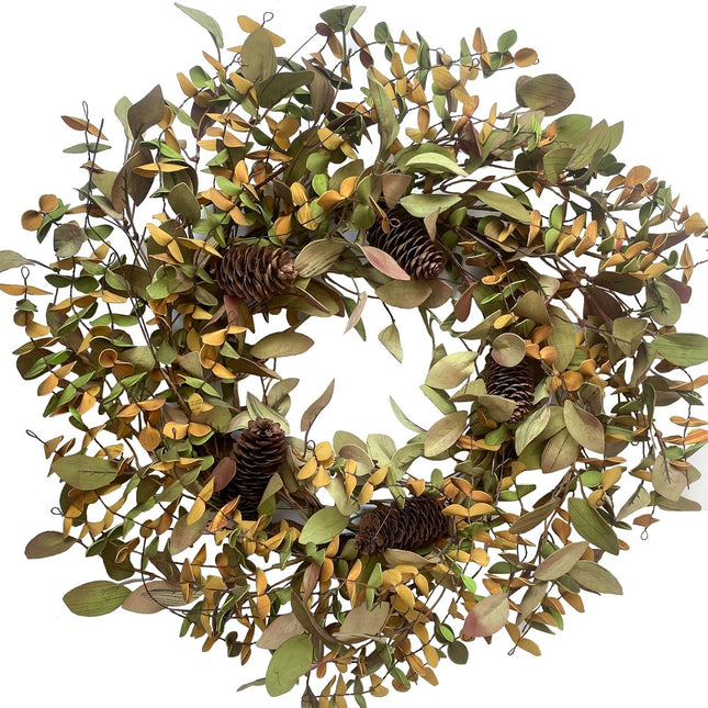 Fall Wreath with Pine Cones and Eucalyptus Leaves, Harvest Wreath for Front Door Farmhouse Indoor Festival Home Thanksgiving Decor,20 Inch