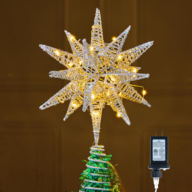 JOIEDOMI 11in Metal 3D Glitter Star Christmas Tree Topper Silver Tree Topper, 36LED Warm White with Plug Timer Star Tree Topper Ornaments Christmas Tree Decorations Home Holiday Party Indoor Decor